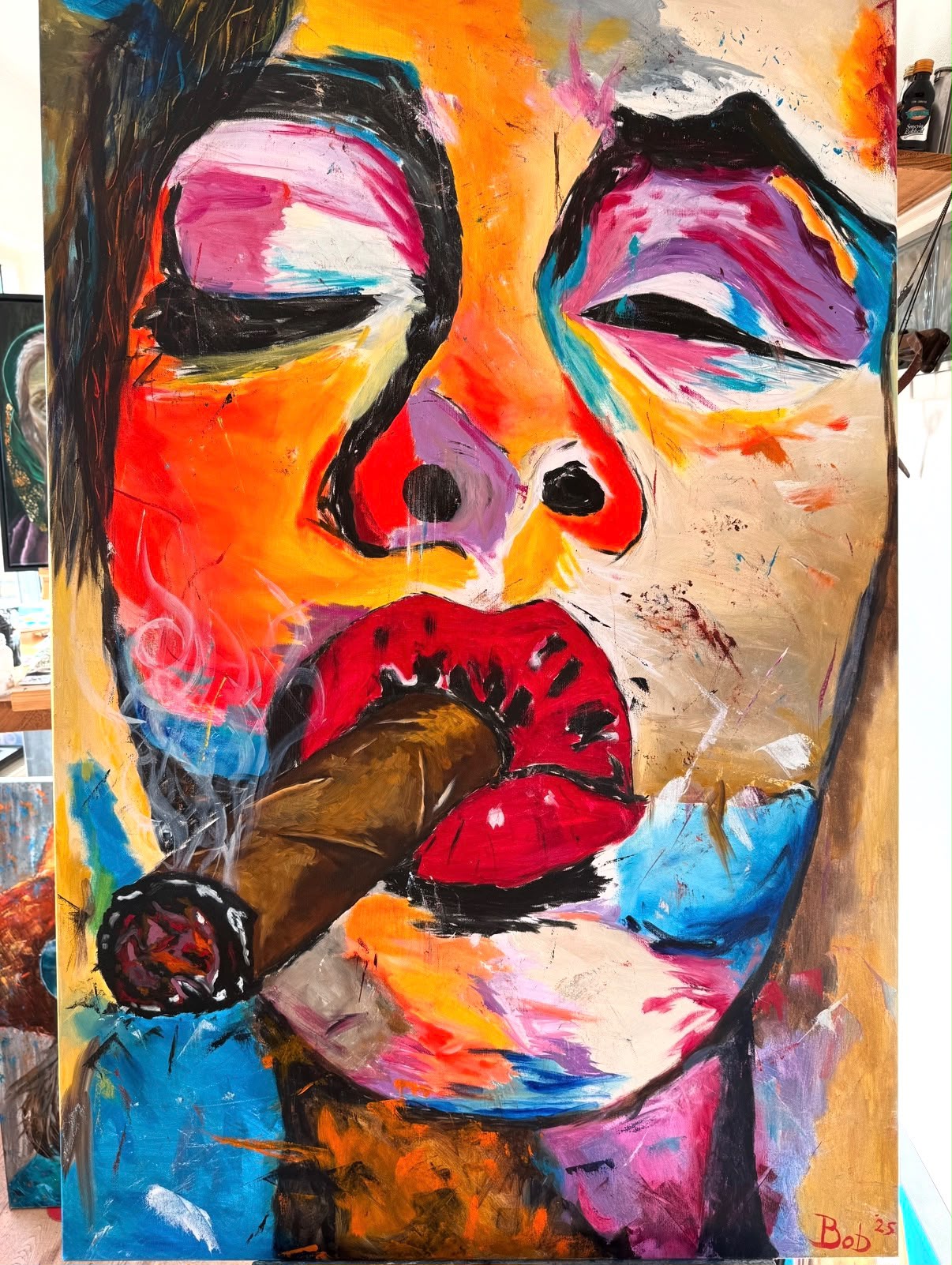 Expressief schilderij van een gezicht met rode lippen en een sigaar van Bob Groen