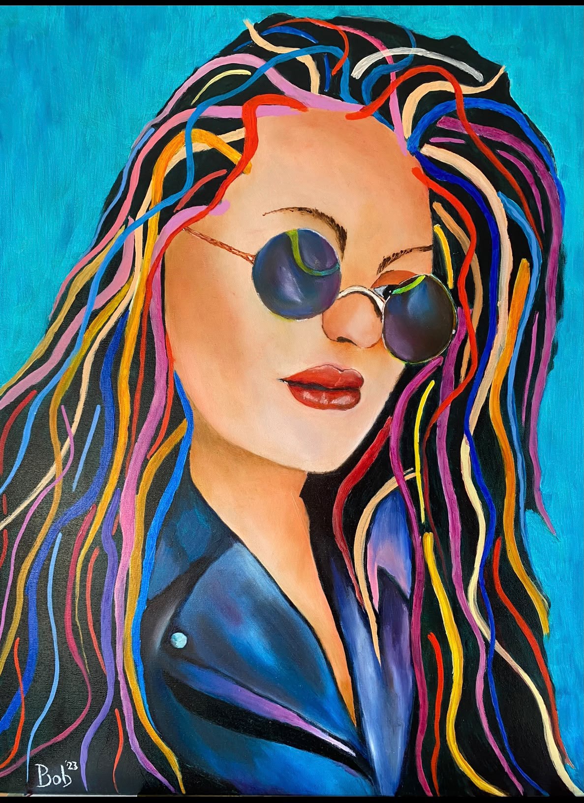 Portret van een vrouw met regenbooggekleurd haar en ronde zonnebril op turquoise van Bob Groen