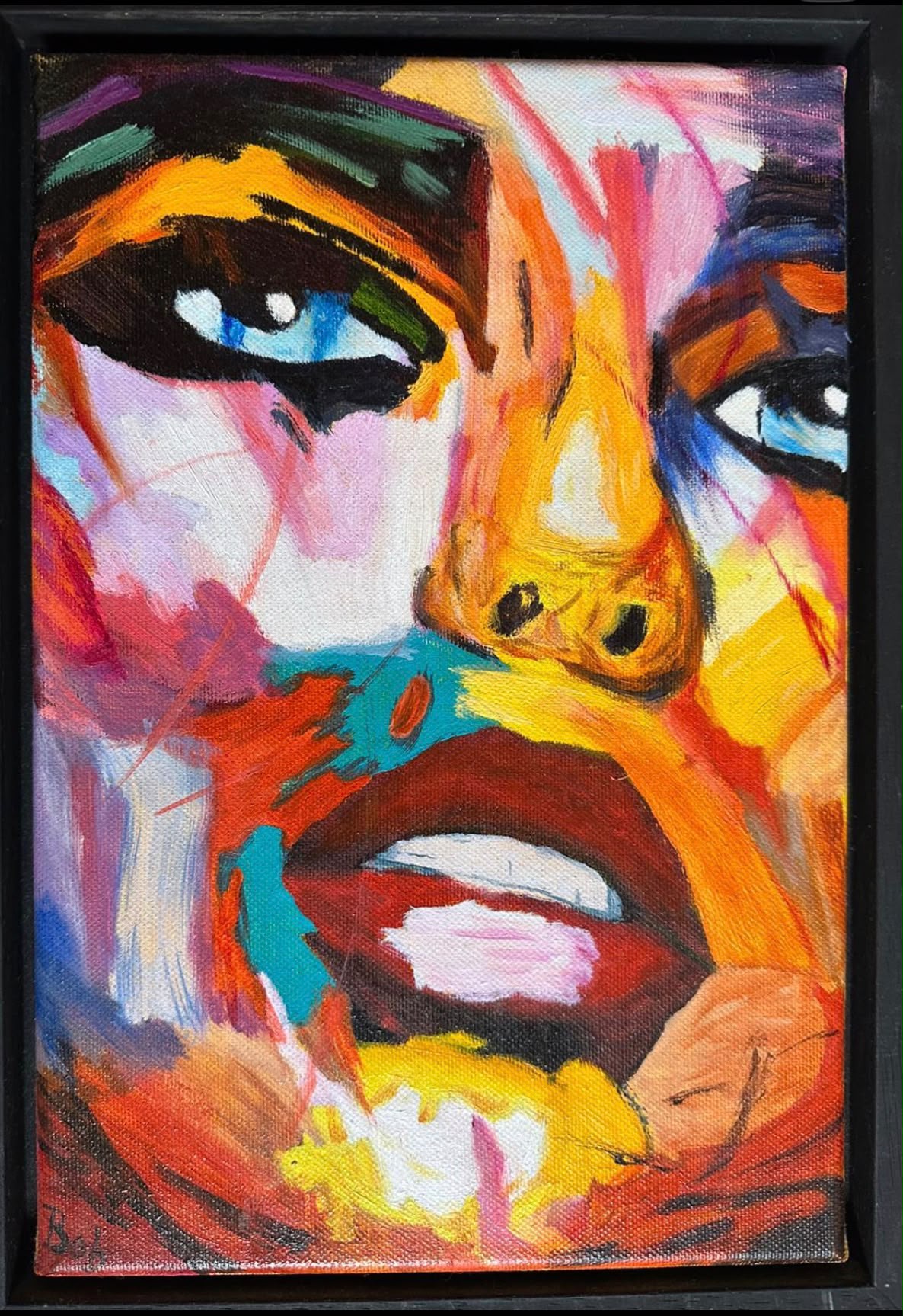 Expressionistisch olieverfportret in oranje, roze en turquoise penseelstreken van Bob Groen